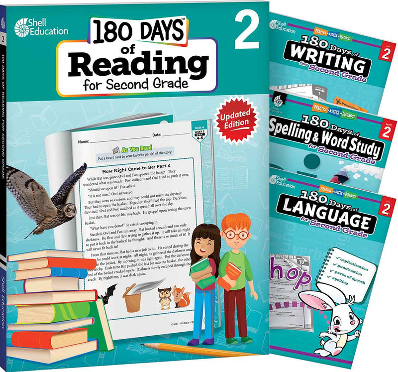180 Days™: Reading 2nd Ed, Writing, Spelling, & Language Grade 2: 4-Book Set