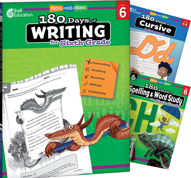 180 Days: Writing, Spelling, & Cursive Grade 6: 3-Book Set: Practice, Assess, Diagnose