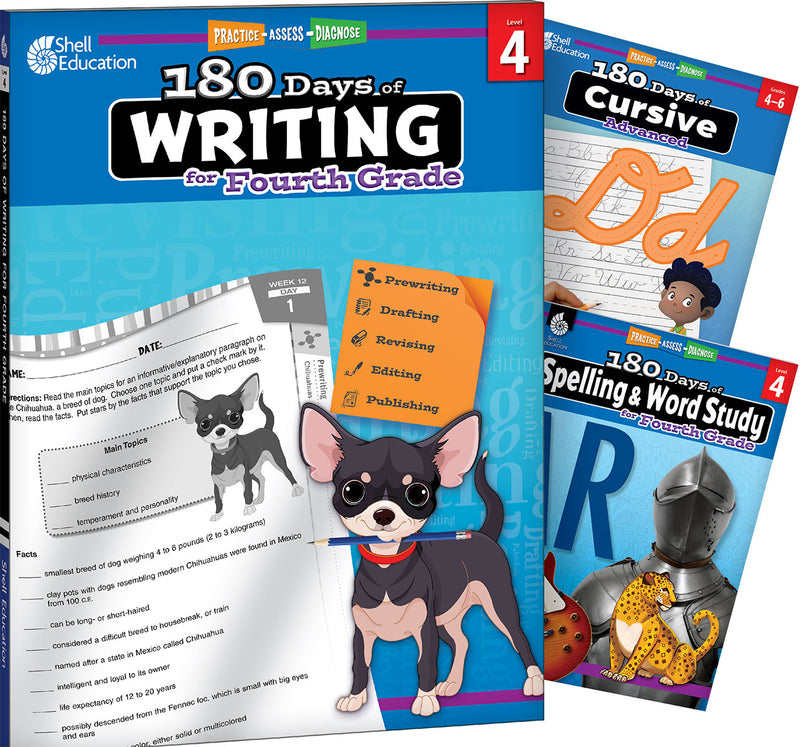 180 Days: Writing, Spelling, & Cursive Grade 4: 3-Book Set: Practice, Assess, Diagnose