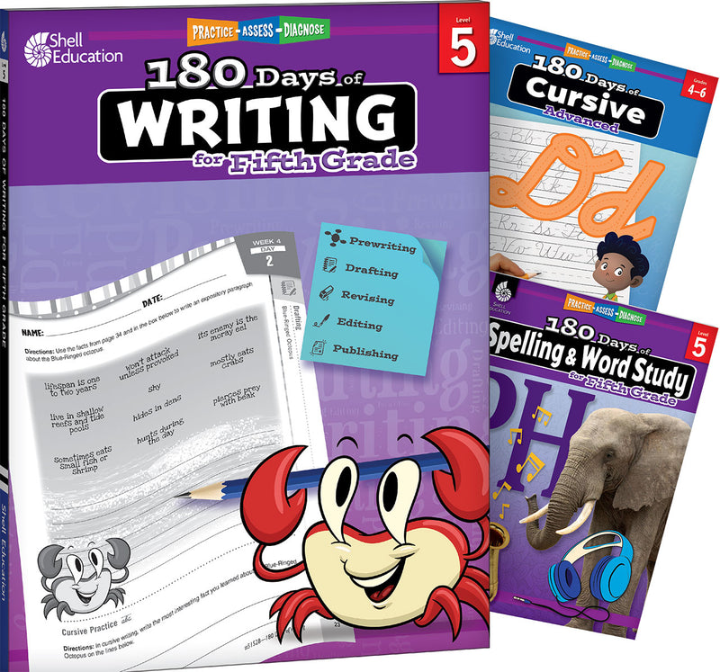 180 Days: Writing, Spelling, & Cursive Grade 5: 3-Book Set: Practice, Assess, Diagnose