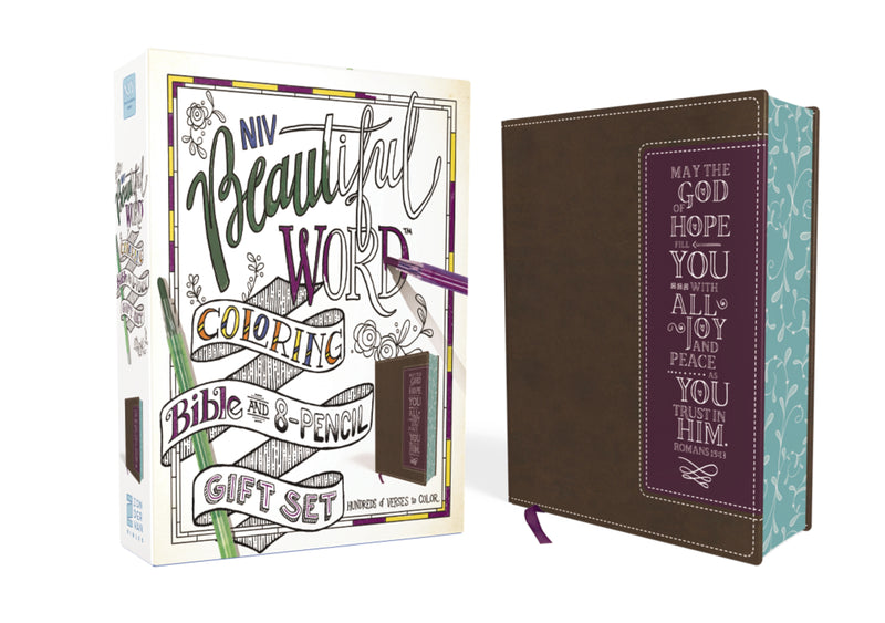 NIV, Beautiful Word Coloring Bible and 8-Pencil Gift Set, Leathersoft, Brown/Purple: Hundreds of Verses to Color