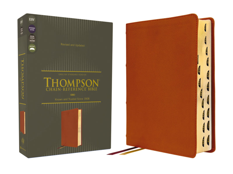 ESV, Thompson Chain-Reference Bible, Genuine Leather, Calfskin, Tan, Red Letter, Thumb Indexed