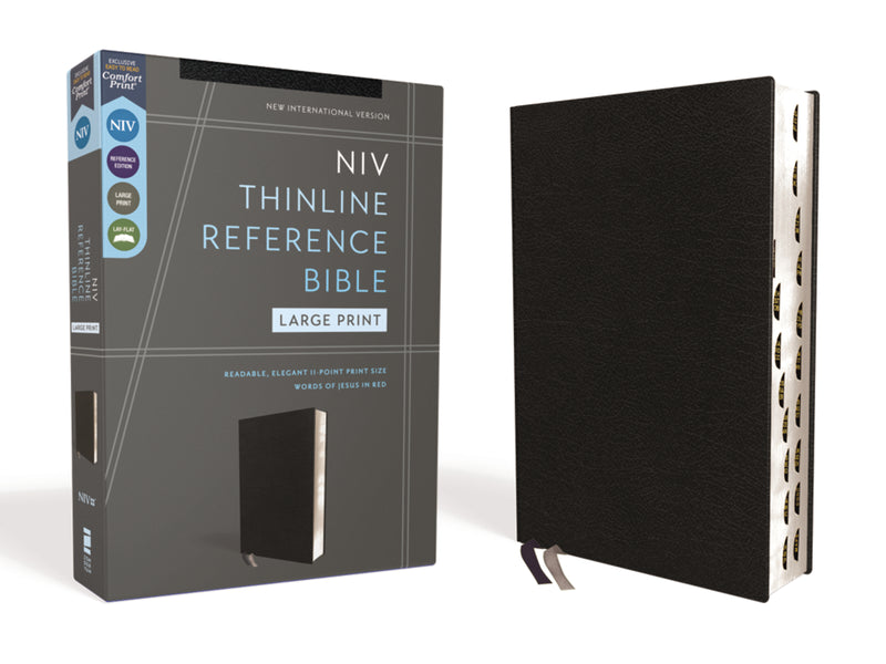 NIV, Thinline Reference Bible (Deep Study at a Portable Size), Large Print, Bonded Leather, Black, Red Letter, Thumb Indexed, Comfort Print