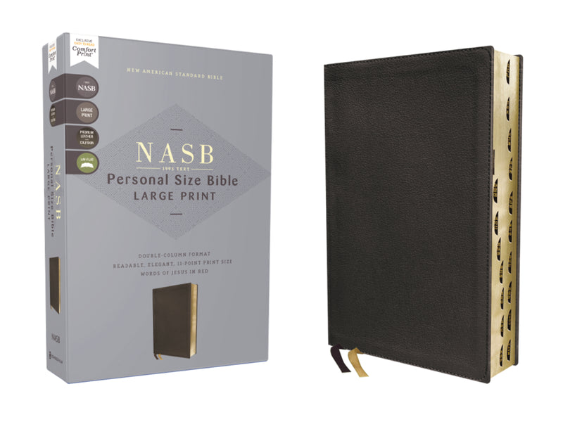NASB, Personal Size Bible, Large Print, Genuine Leather, Calfskin, Black, Red Letter, 1995 Text, Thumb Indexed, Comfort Print