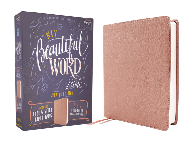 NIV, Beautiful Word Bible, Updated Edition, Peel/Stick Bible Tabs, Leathersoft, Pink, Red Letter, Comfort Print: 600+ Full-Color Illustrated Verses