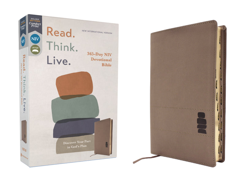 NIV, Read. Think. Live., Leathersoft, Brown, Thumb Indexed, Comfort Print: 365-Day NIV Devotional Bible - Discover Your Part in God's Plan