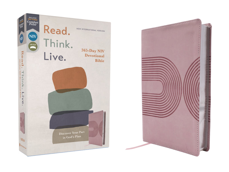 NIV, Read. Think. Live., Leathersoft, Pink, Comfort Print: 365-Day NIV Devotional Bible - Discover Your Part in God's Plan