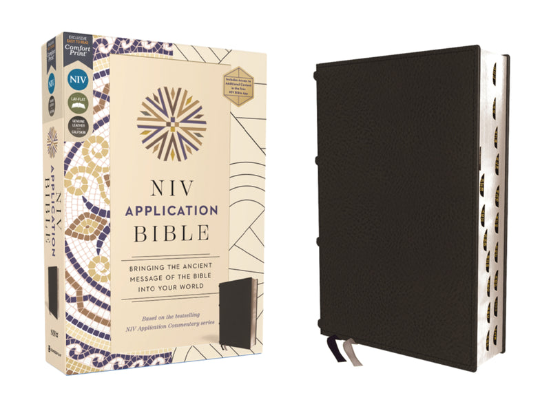 NIV Application Bible, Genuine Leather, Calfskin, Black, Red Letter, Thumb Indexed, Comfort Print: Bringing the Ancient Message of the Bible into Your World