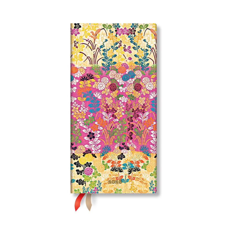 Paperblanks | 2026 Kara-ori Pink | Japanese Kimono | 12-Month Planner | Slim | Horizontal | Elastic Band | 160 Pg | 100 GSM