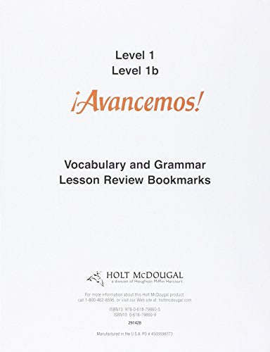 McDougal Littell Ã­Avancemos! Lesson Review Bookmarks Levels 1B/1