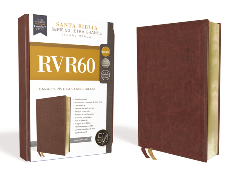 RVR60, Santa Biblia, Serie 50, Letra grande, Tamaño manual, Leathersoft, Café, Comfort Print