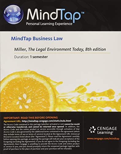 MindTap Business Law, 1 term (6 months) Printed Access Card for Miller/Cross' The Legal Environment Today, 8th