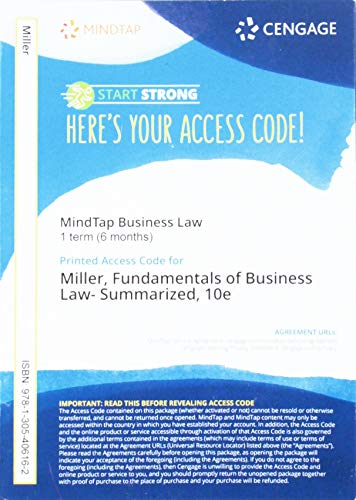 MindTap Business Law, 1 term (6 months) Printed Access Card for Miller's Cengage Advantage Books: Fundamentals of Business Law Today: Summarized Case, 10th