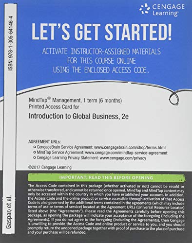MindTap Management, 1 term (6 months) Printed Access Card for Gaspar/Kolari/Hise/Bierman/Smith/Arreola-Risa's Introduction to Global Business, 2nd