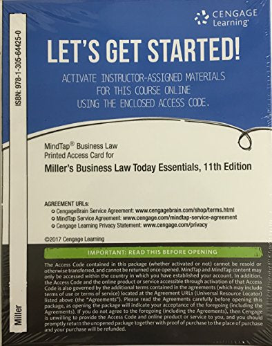 MindTap Business Law, 1 term (6 months) Printed Access Card for Miller's Cengage Advantage Books: Business Law Today, The Essentials: Text and Summarized Cases, 11th