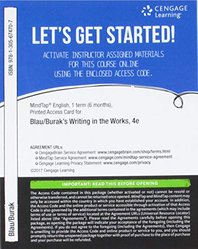 MindTap English, 1 term (6 months) Printed Access Card for Blau/Burak's Writing in the Works, 4th