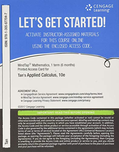 MindTap Math, 1 term (6 months) Printed Access Card for Tan's Applied Calculus for the Managerial, Life, and Social Sciences, 10th