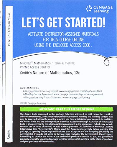 MindTap Math, 1 term (6 months) Printed Access Card for Smith's Nature of Mathematics, 13th