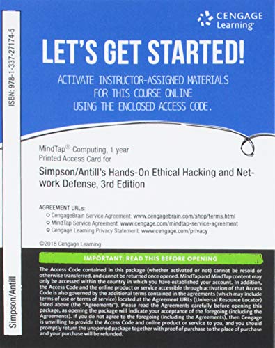 MindTap Information Security, 1 term (6 months) Printed Access Card for Simpson/Antillâ€™s Hands-On Ethical Hacking and Network Defense, 3rd