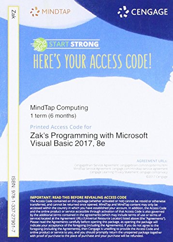 MindTap Programming, 1 term (6 months) Printed Access Card for Zak's Programming with Microsoft Visual Basic 2017, 8th