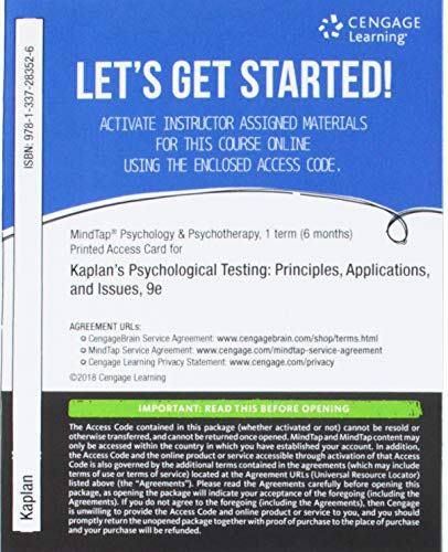 MindTap Psychology, 1 term (6 months) Printed Access Card for Kaplan/Saccuzzo's Psychological Testing: Principles, Applications, and Issues