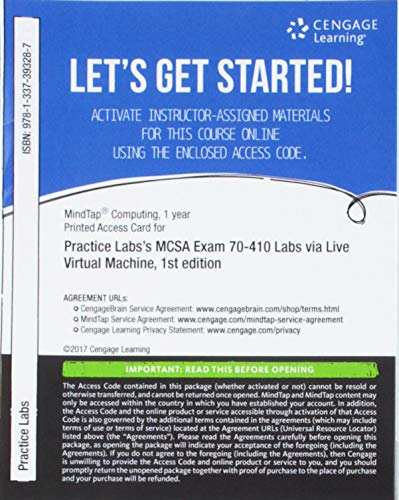 MindTap Networking Lab, 1 term (6 months) Printed Access Card for Tomsho's MCSA Guide to Installing and Configuring Microsoft Windows Server 2012 /R2, Exam 70-410 via Live Virtual Machine Labs
