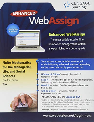 WebAssign Printed Access Card for Tan's Finite Mathematics for the Managerial, Life, and Social Sciences, 12th Edition, Single-Term