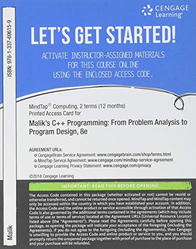 MindTap Computing, 2 terms (12 months) Printed Access Card for Malik's C++ Programming: From Problem Analysis to Program Design, 8th