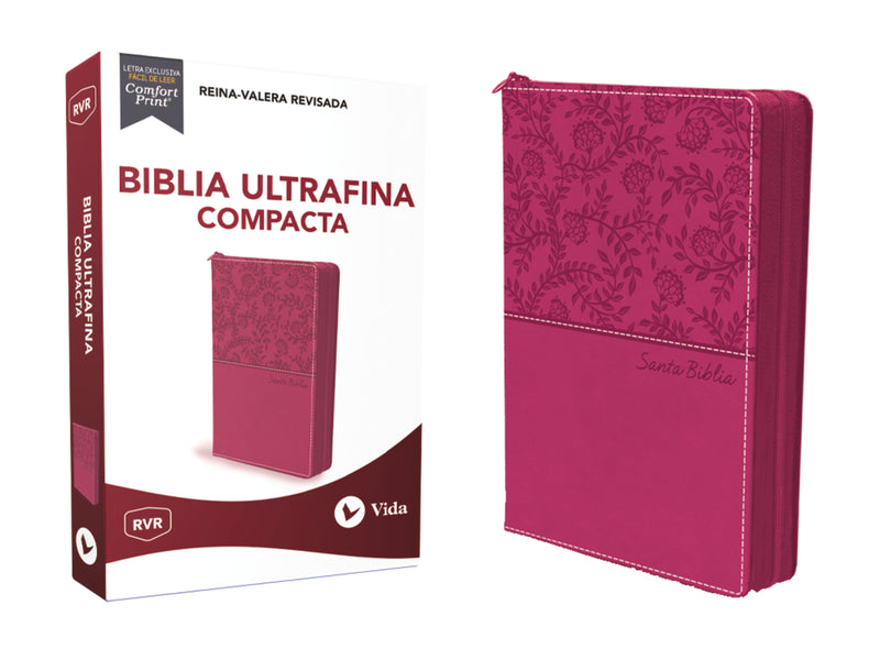 RVR77, Santa Biblia, Ultrafina, Tamaño compacto, Leathersoft, con Cierre, Rosado, Palabras de Jesus en rojo