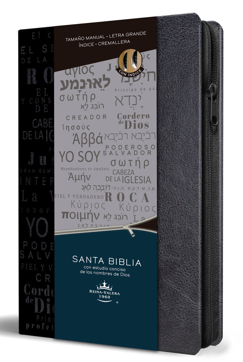 Biblia RVR 1960 Nombres de Dios letra grande tamaño manual con índice y cremallera color negro / Spanish Bible RVR60 Handy Size Black Names of God Index Zippe