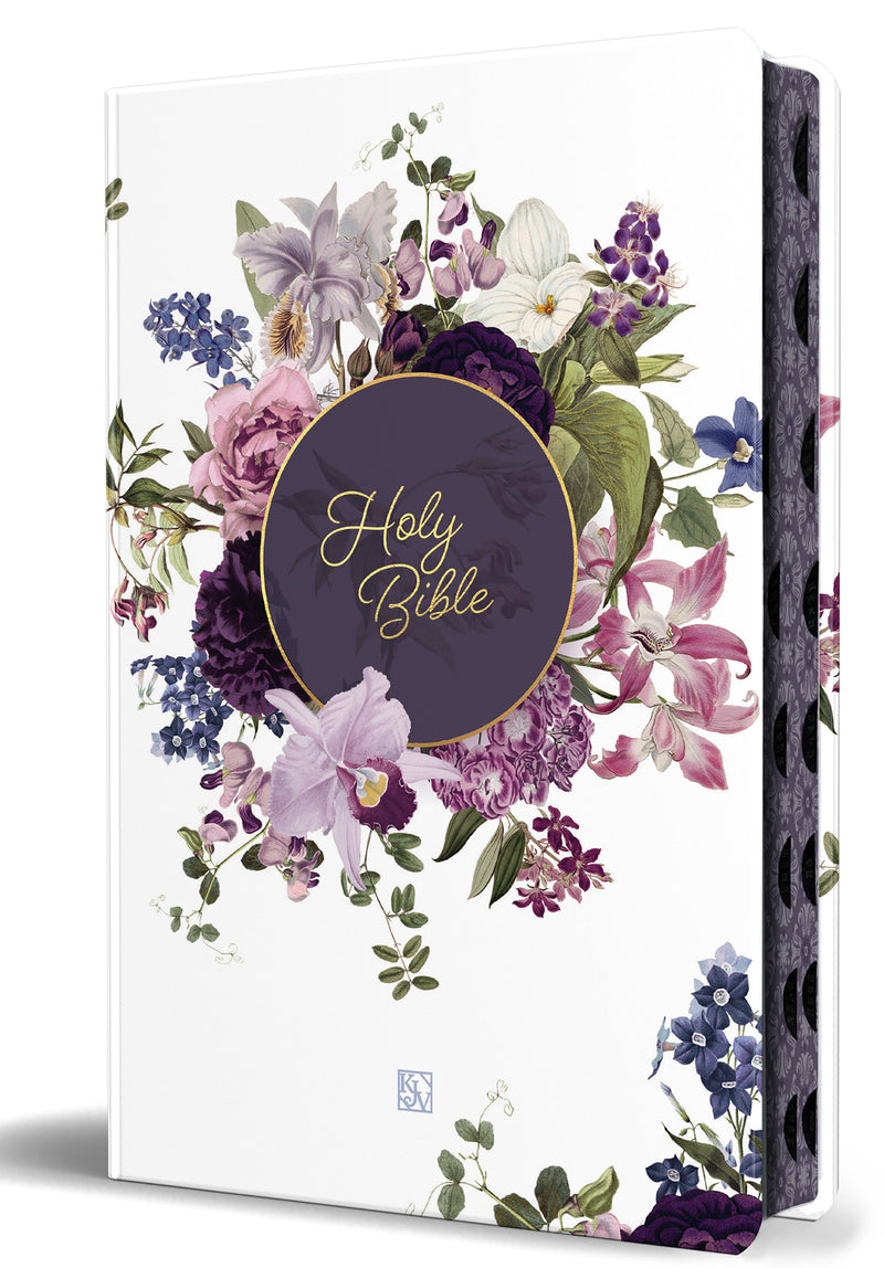 KJV Holy Bible, Large Print, Handy Size Format, Hardcover, Purple Flower, Page Edge Design, Thumb Index, Ribbon Marker, and Red Letter