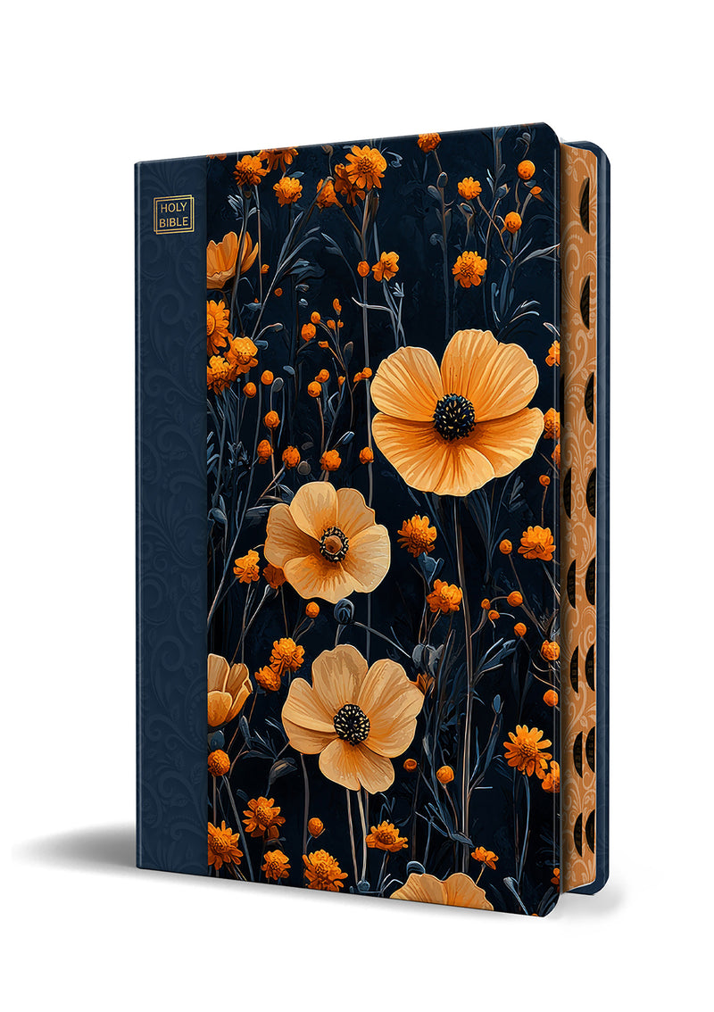 KJV Holy Bible, Large Print, Handy Size format, Hardcover, Dark Blue and Orange flower, page edge design, Thumb Index, Ribbon Marker, and Red Letter