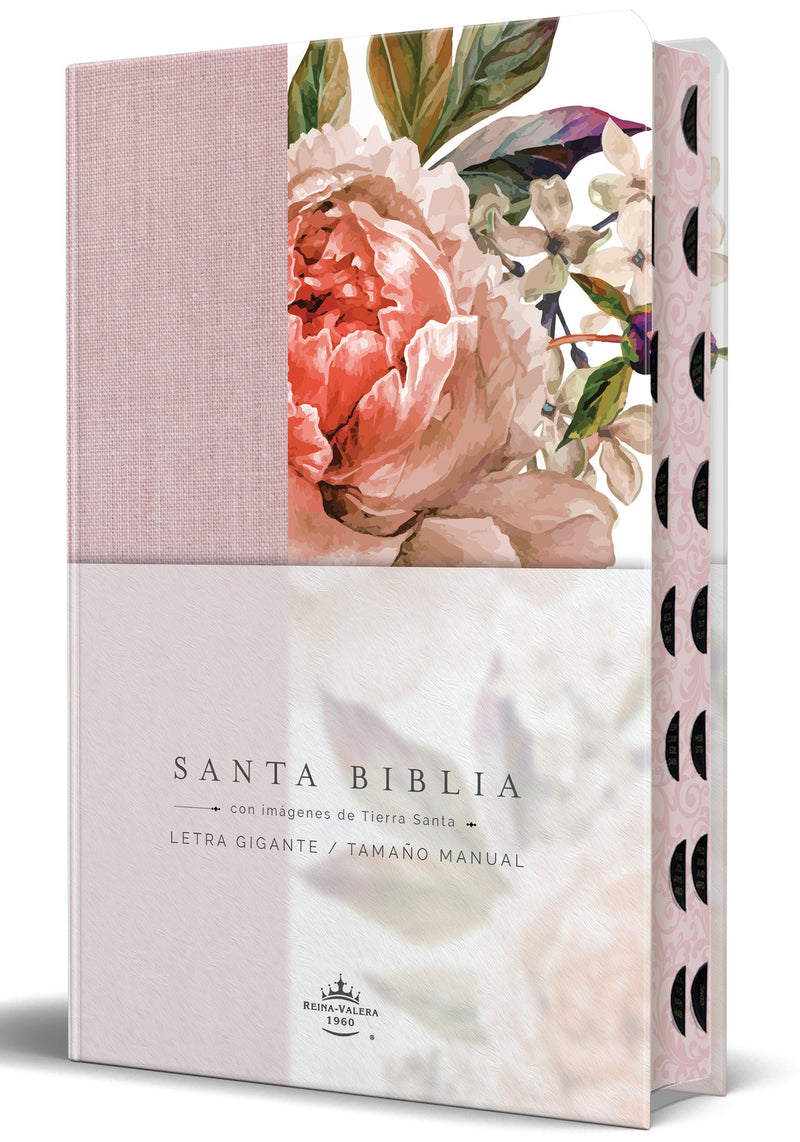 BibliaRVR 1960 Tamaño manual, letra gigante, tela con flores rosadas, canto pintado e índice / Spanish Bible RVR 1960 Giant Print, Pink Leathersoft with Flowe