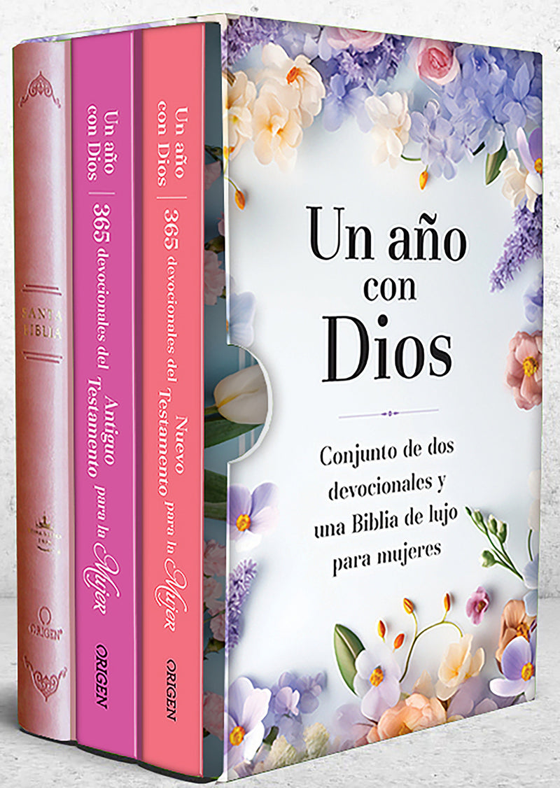 Un año con Dios para mujeres: Estuche Antiguo y Nuevo Testamento con Biblia / A Year with God Gift Set: Old and New Testament Devotionals with Pink Bible