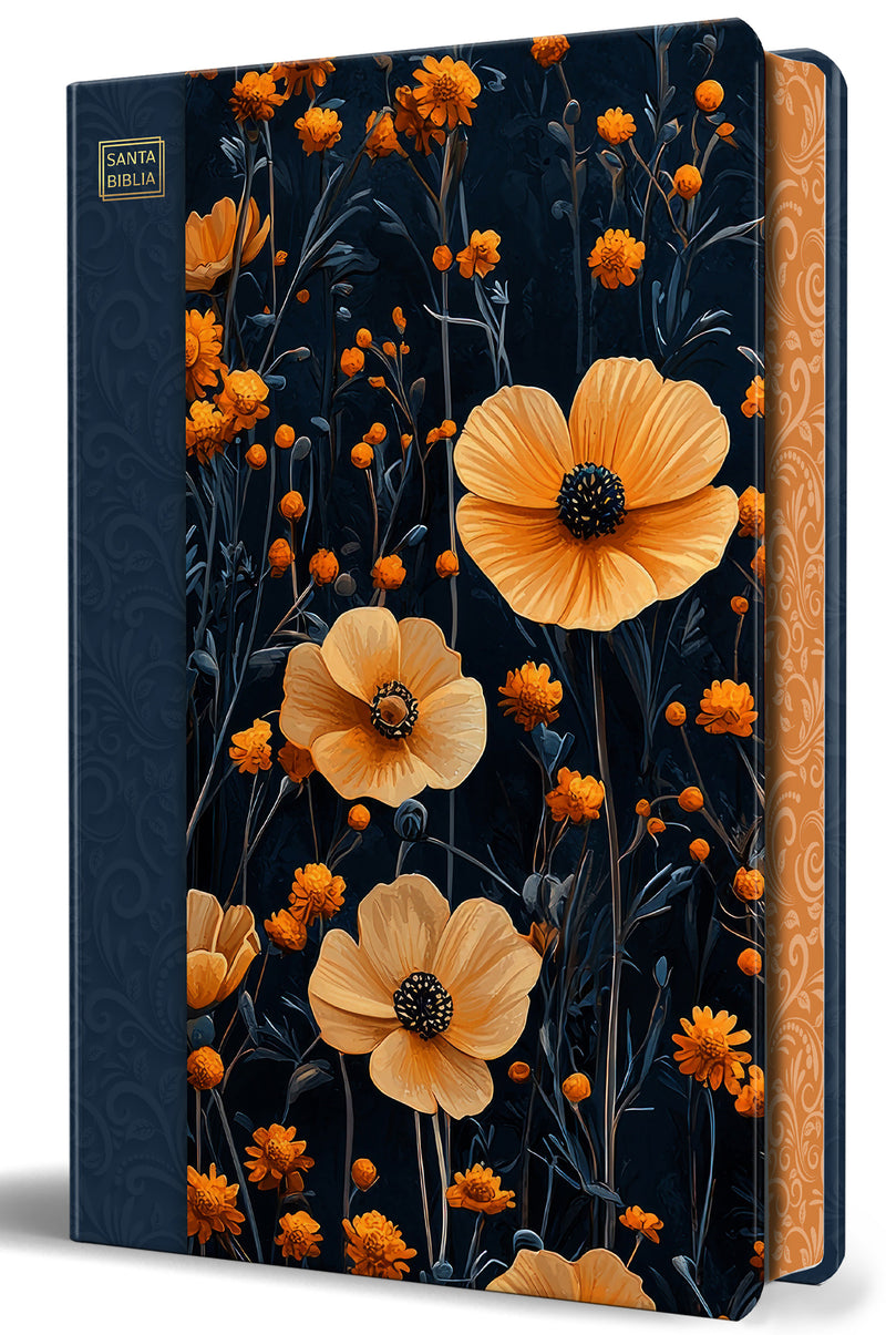 Santa Biblia RVR 1960 letra grande tamaño manual, tapa dura azul con flores naranjas / Spanish Bible RVR 1960 Handy Size Large Print Blue Hard Cover with orang
