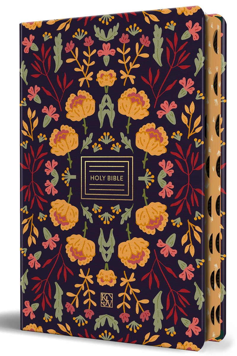 KJV Holy Bible, Large Print Handy Size format, Hardcover, Deep Plum Folk Floral with page edge design, Thumb Index, Ribbon Marker, and Red Letter