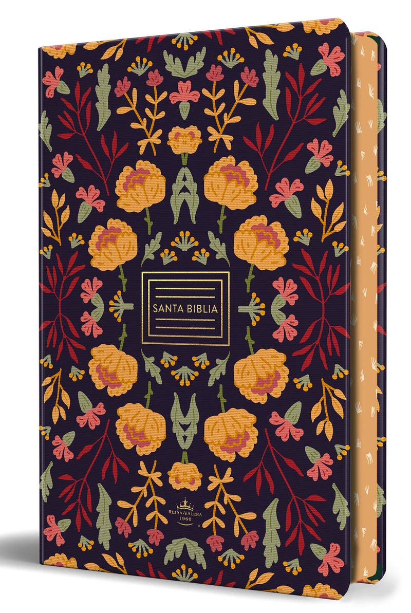 Santa Biblia RVR 1960 letra grande tamaño manual, tapa dura morada con flores naranjas / Spanish Bible RVR 1960 Handy Size Large Print Purple HC Orange