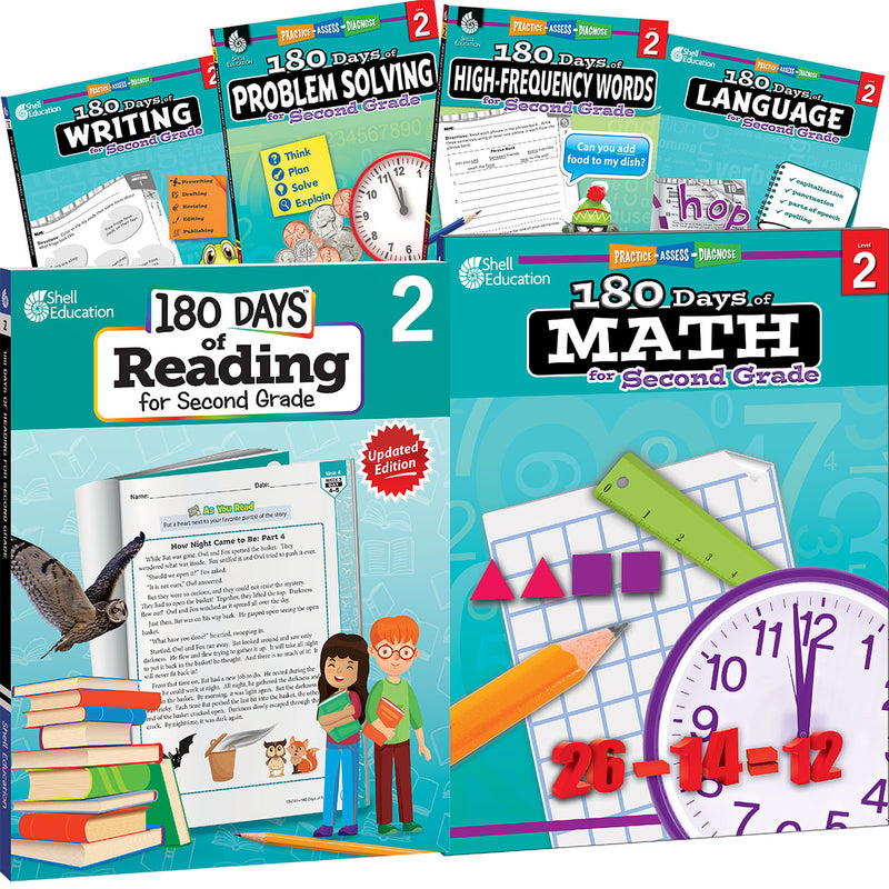 180 Days: Reading, High-Frequency Words, Math, Problem Solving, Writing, & Language for Grade 2: 6-Book Set: Practice, Assess, Diagnose