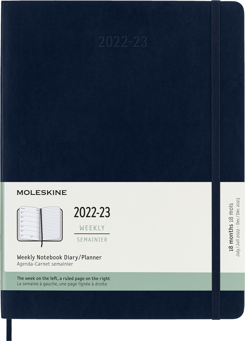 Moleskine 2023 Weekly Notebook Planner, 18M, Extra Large, Sapphire Blue, Soft Cover (7.5 x 10)