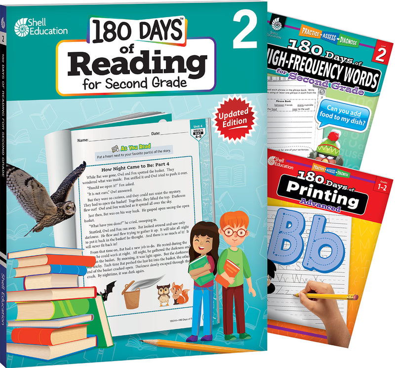 180 Days: Reading, High-Frequency Words, & Printing Grade 2: 3-Book Set: Practice, Assess, Diagnose