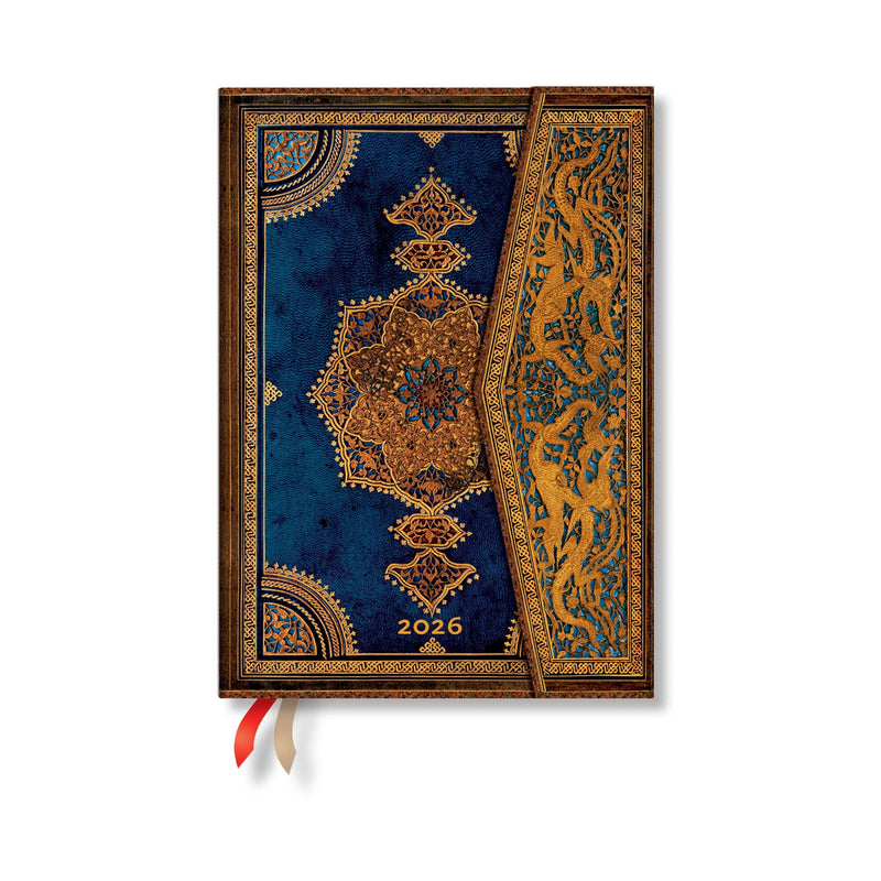 Paperblanks | 2026 Safavid Indigo | Safavid Binding Art | 12-Month Planner | Midi | Horizontal | Wrap | 160 Pg | 100 GSM