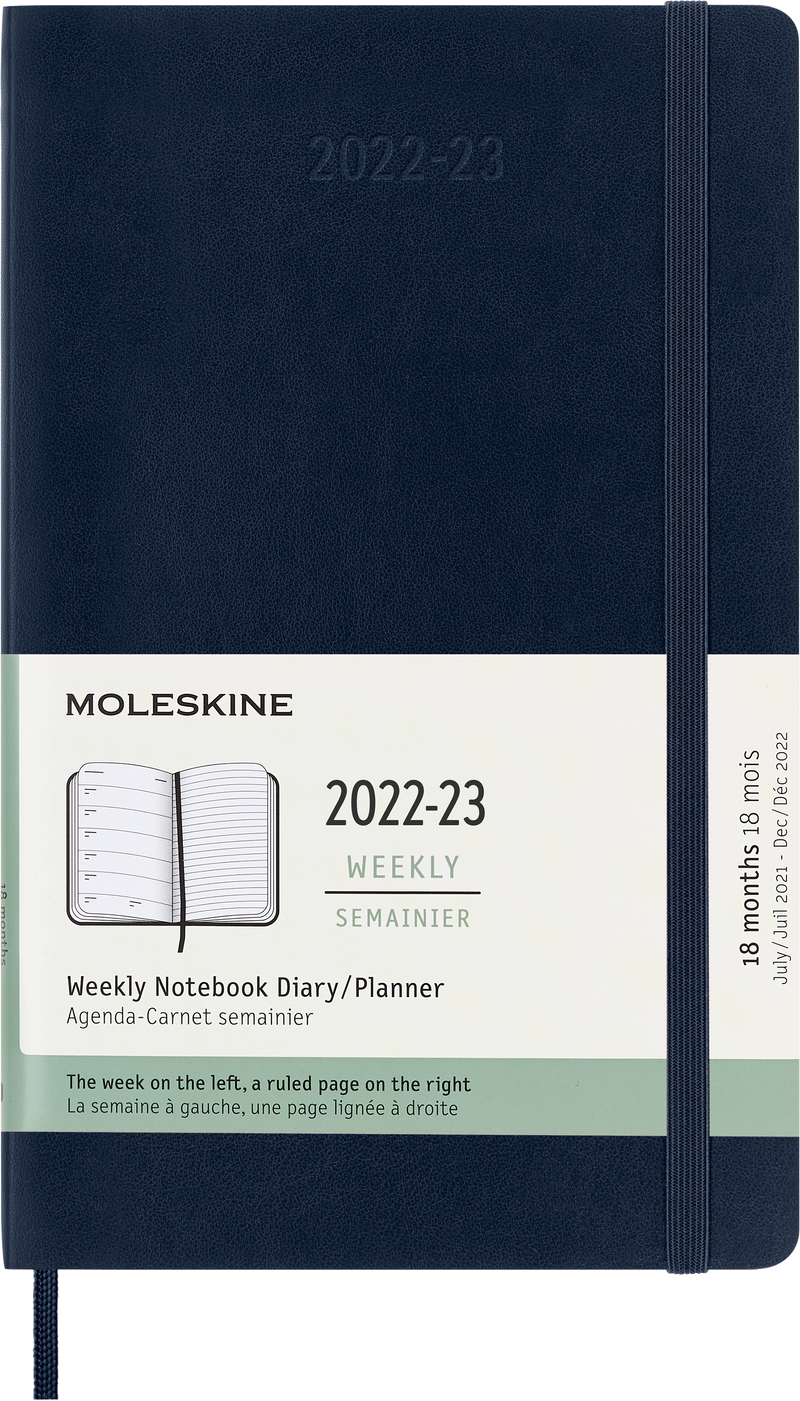 Moleskine 2023 Weekly Notebook Planner, 18M, Large, Sapphire Blue, Soft Cover (5 x 8.25)