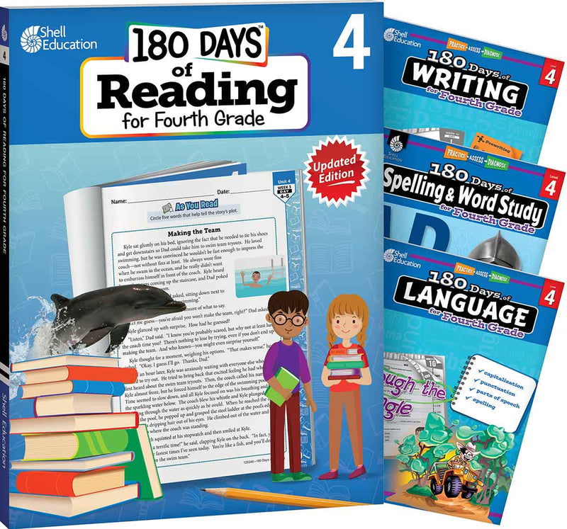 180 Days: Reading 2nd Ed, Writing, Spelling, & Language Grade 4: 4-Book Set: Practice, Assess, Diagnose