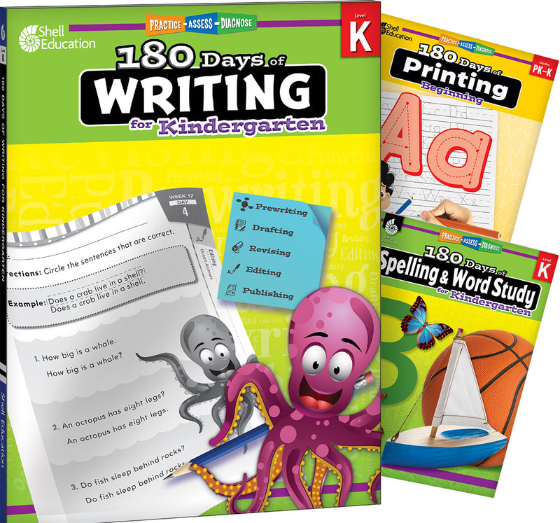 180 Days: Writing, Spelling, & Printing Grade K: 3-Book Set: Practice, Assess, Diagnose