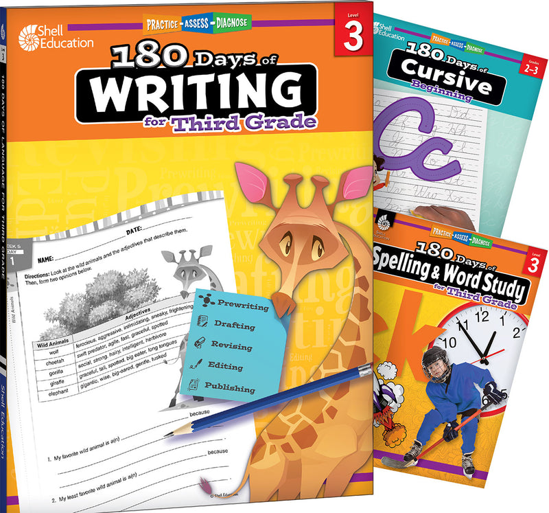 180 Days: Writing, Spelling, & Cursive Grade 3: 3-Book Set: Practice, Assess, Diagnose