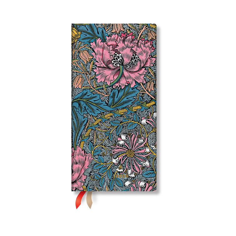 Paperblanks | 2026 Morris Pink Honeysuckle | William Morris | 12-Month Planner | Slim | Horizontal | Elastic Band | 160 Pg | 100 GSM