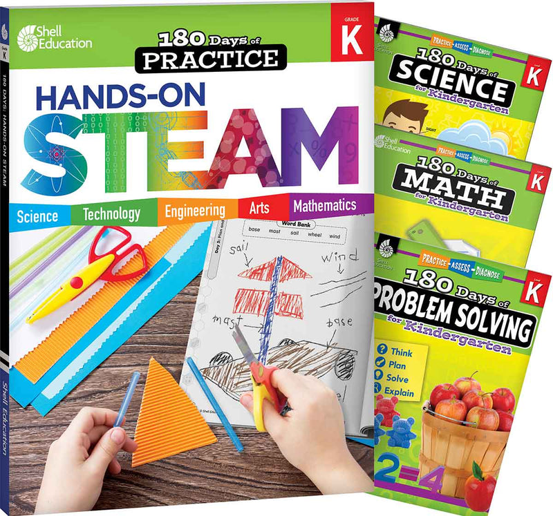 180 Days: STEAM, Science, Math, & Problem Solving Grade K: 4-Book Set: Practice, Assess, Diagnose