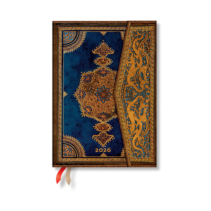 Paperblanks | 2026 Safavid Indigo | Safavid Binding Art | 12-Month Planner | Midi | Vertical | Wrap | 160 Pg | 100 GSM