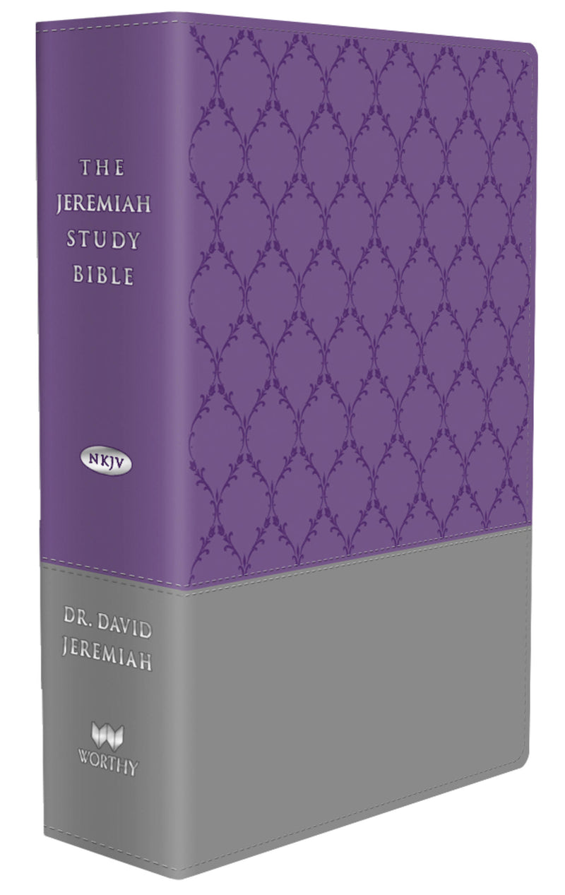 The Jeremiah Study Bible, NKJV: (Purple & Gray burnished w/ decorative pattern) LeatherLuxe®