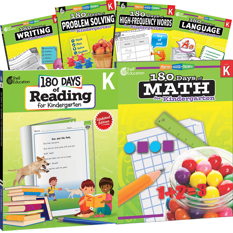 180 Days: Reading, High-Frequency Words, Math, Problem Solving, Writing, & Language for Grade K: 6-Book Set: Practice, Assess, Diagnose
